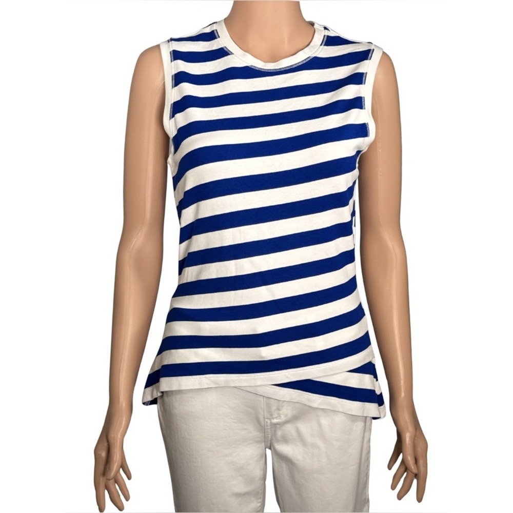 Karen Millen Blue White Striped Sleeveless Top Asymmetric Hem Size 14 TX029